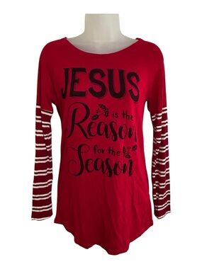Jesus Is The Reason For The Season Long Sleeve Stripes Shirt Red White Sz Small